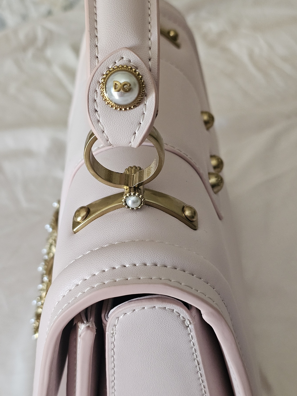 Dolce & Gabbana Pink Pearl-Accented Leather Top-Handle Bag